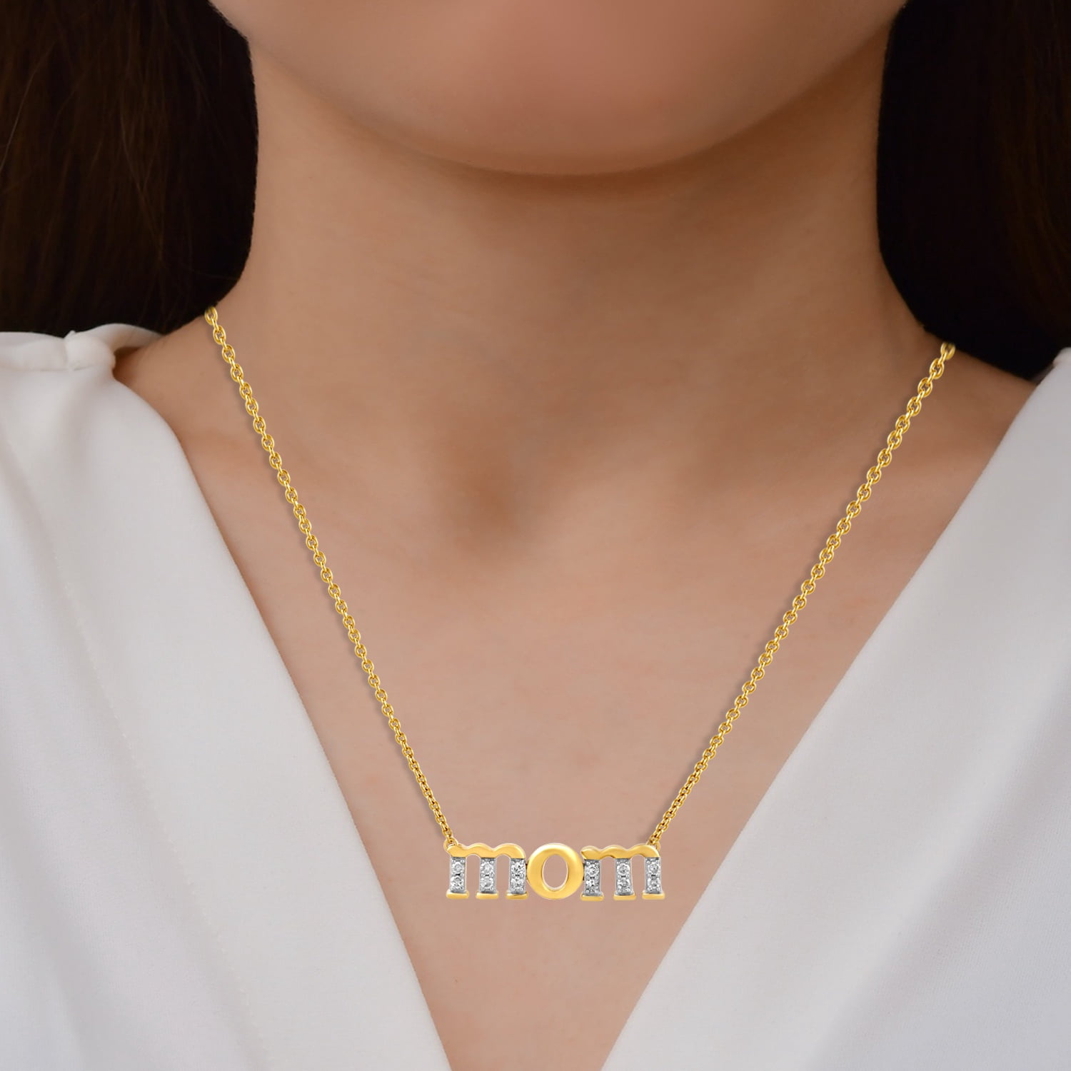Brilliance Fine Jewelry Lab-Grown Diamond "Mom" Pendant Necklace in Yellow Gold-Plated Silver