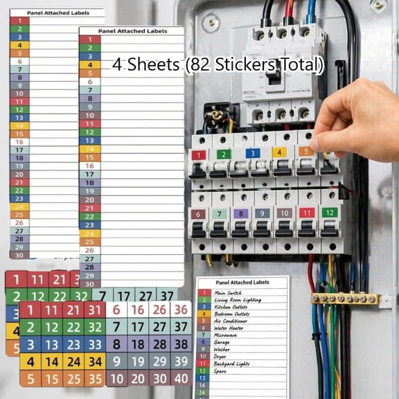 4 Sheets 82Pcs Circuit Breaker Label Set, Hand‑Written Style Electrical Panel Stickers, Dual‑Verification Design, Long Strip Fill‑In Stickers & Independent Colored Number Labels for Electric Box Pane