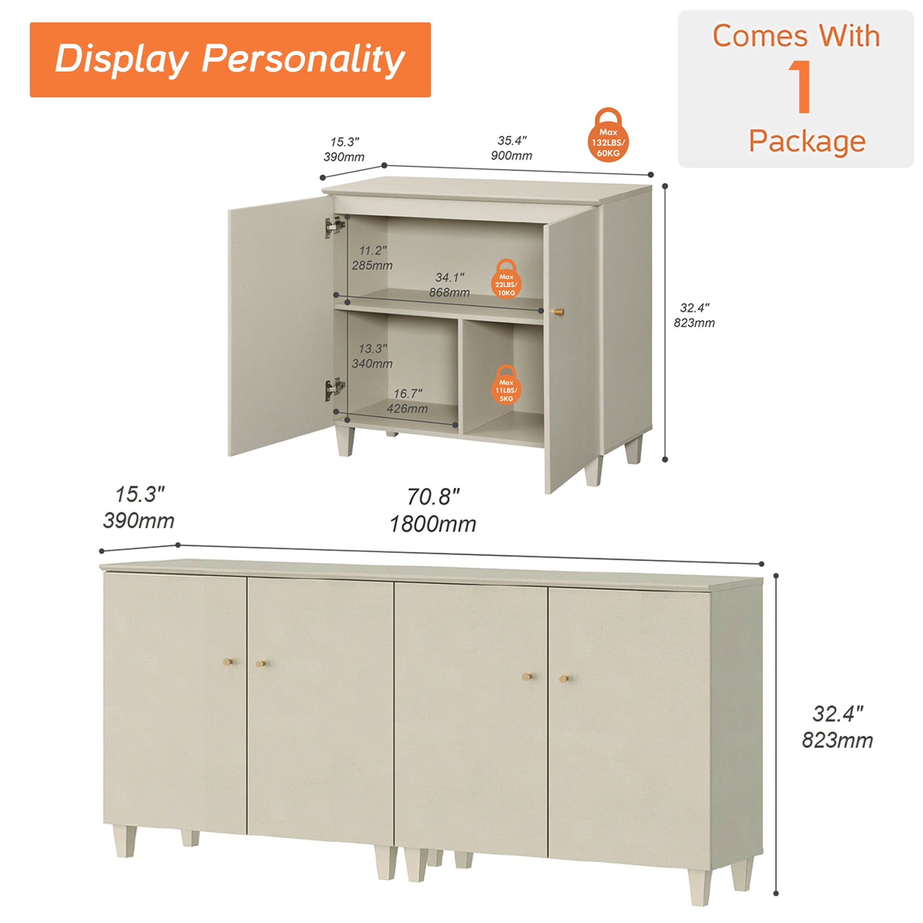 WAMPAT 2-in-1 Dresser Cabinets with 6 Compartments for Bedroom, Modern Wood Wide Dresser Chest with Doors, Beige,1 Pack