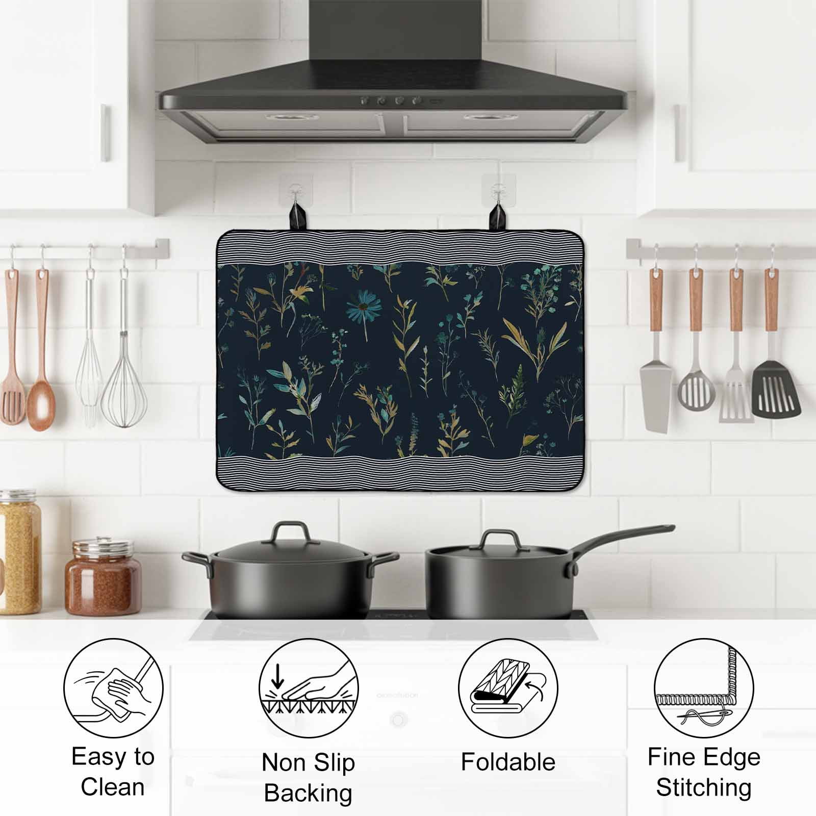 Black Spring Floral Stove Top Cover for Electric Stove, Heat-proof & Non Slip Glass Top Stove Cover Protector, Watercolor Botanical Flower Striped Kitchen Flat Cooktop Rubber Mat 24x21 Inches