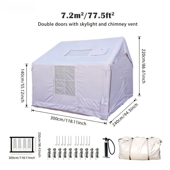 Upgraded Height‑Enhanced Inflatable Camping Tent, 7.5 ㎡, Double‑Door Design, Made of Thickened 420D Oxford Fabric. Quick Setup, Extra‑Tall Spacious Interior, Dual Skylights with Chimney Opening.