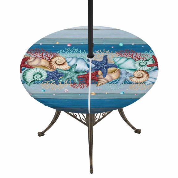 Round Outdoor Tablecloth with Umbrella Hole and Zipper, Blue Starfish Beach Tablecloth with Elastic Waterproof, Summer Conch Coral Coastal Wood Grain Patio Table Covers for 55" - 60" Pool Tables