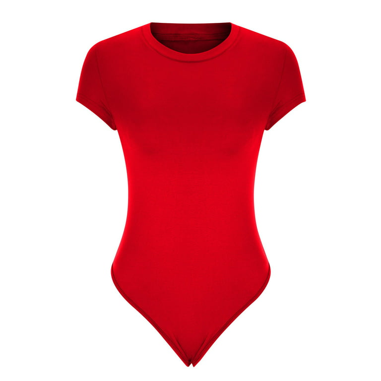 Caveitl Womens Shapewear Bodysuit,Women's Fashion Casual Round Neck Bodysuit  Solid Color Sexy Slim Fit Short Sleeve T-shirt Red 