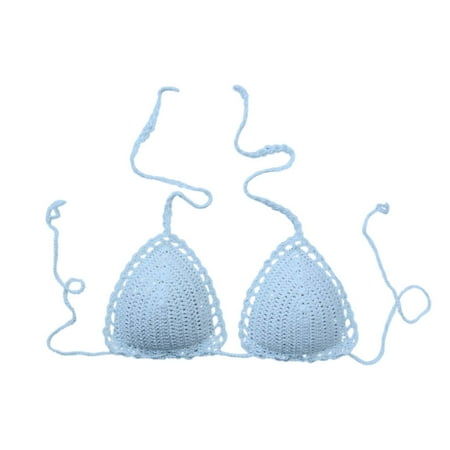Swim Suits For Women Summer Solid Color Lined Lace Up Halter Casual Handmade Crochet Bikini Top Swimwears Beachwear Blue L