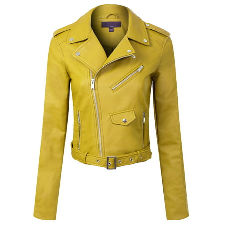 Made by Olivia Women's Classic Slim Fit Faux Leather Zip Up Biker Jacket Lime