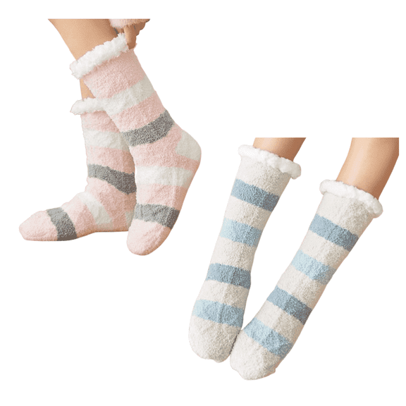 AUQ 2Pairs Socks Snow Slipper Socks Fuzzy Socks,Half Fleece Design Keep Feet Warm Long Socks,Style1