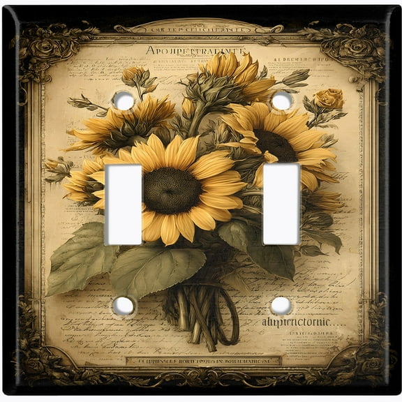 Metal Light Switch Wall Plate Outlet Cover (Printed Image of Vintage Sunflower Bouquet - Double Toggle)