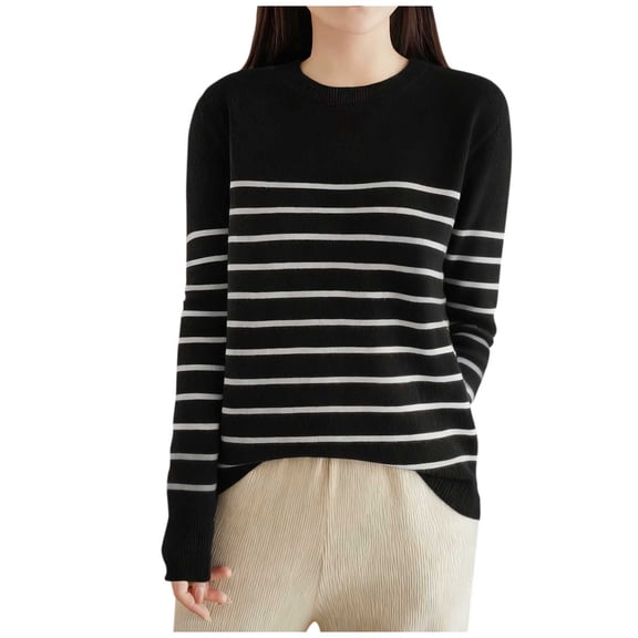 Rutainlusire Womens Trendy Striped Comfy Loose Sweaters Women's Striped Long Sleeve Blouses Round Neck Casual Fashionable Sweater