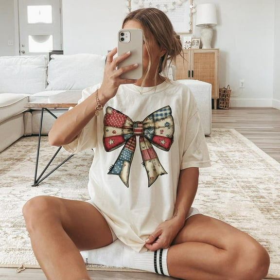 Vintage Coquette Bow T-shirt, America Style, 4th of July, Inauguration Day, USA Pride, Cute Patriotic Shirt