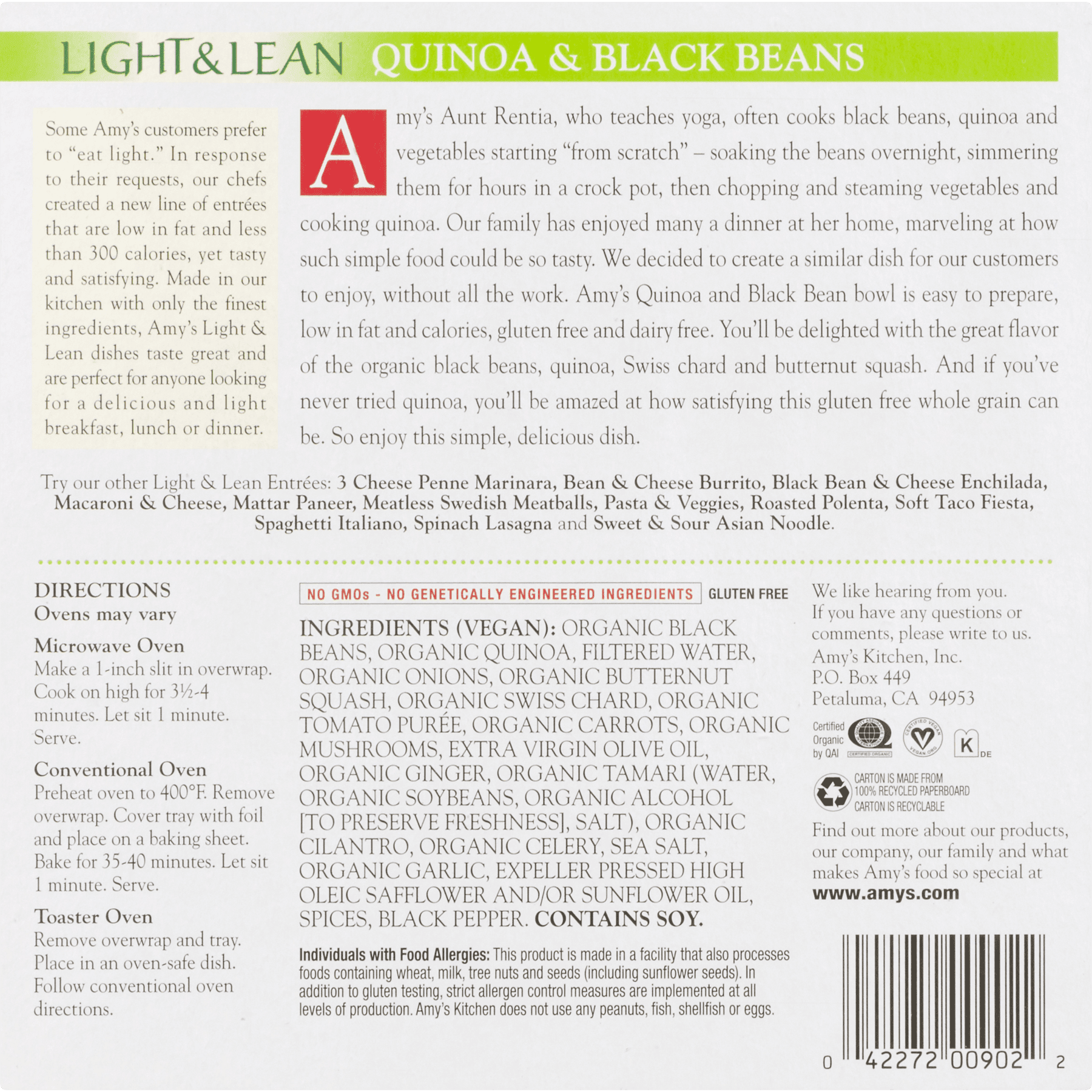Amy S Light Lean Quinoa And Black Beans With Butternut Squash Chard Bowl Non Gmo 8 Ounce Walmart Com Walmart Com