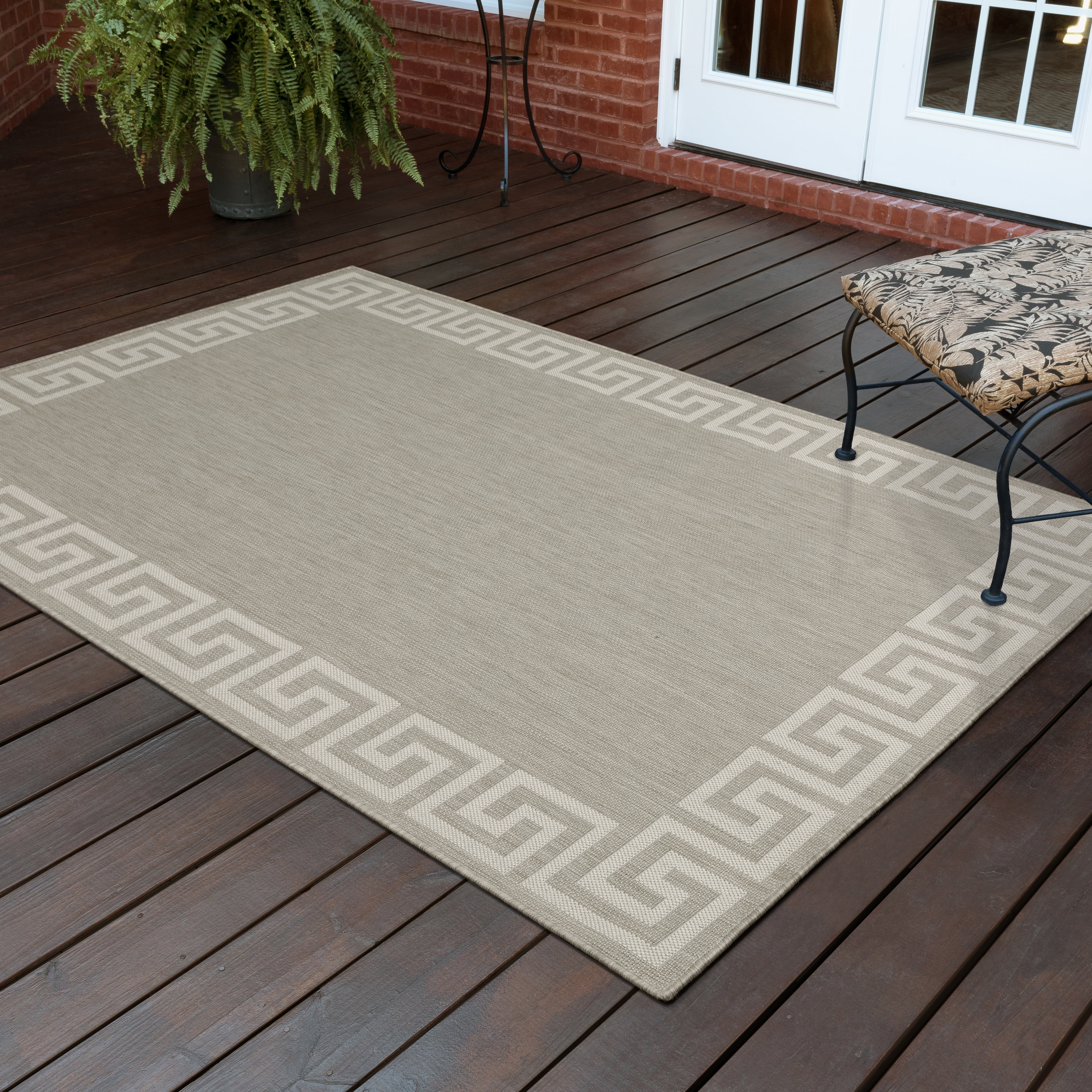 Avalon Home 5' x 7' Gray and Taupe Border Outdoor Rug