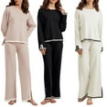 thumbnail image 4 of Douhoow 2Pcs Women Knit Clothes Contrast Color Long Sleeve Loose Sweater + Wide Leg Pants Fall Lounge Set, 4 of 9