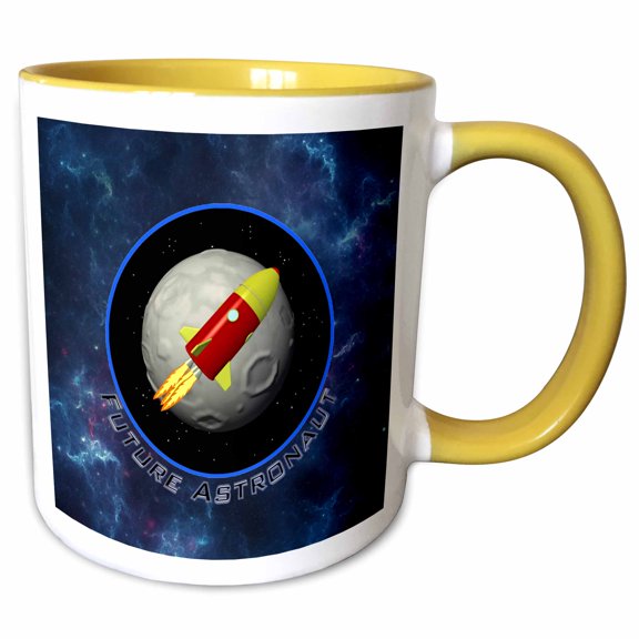 3drose, Cute Future Astronaut with Rocket in Outer Space., 11oz Two-tone Yellow Mug