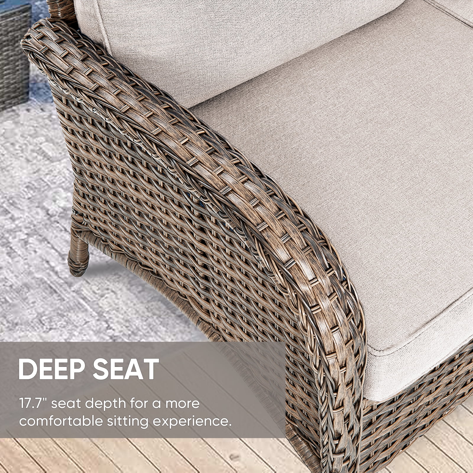 POCASSY L Shaped Patio Furniture Set with Fire Pit, 8 Pieces Outdoor Conversation Set with Ottoman Brown Wicker Patio Sectional Sofa for Deck Garden Pool in Beige