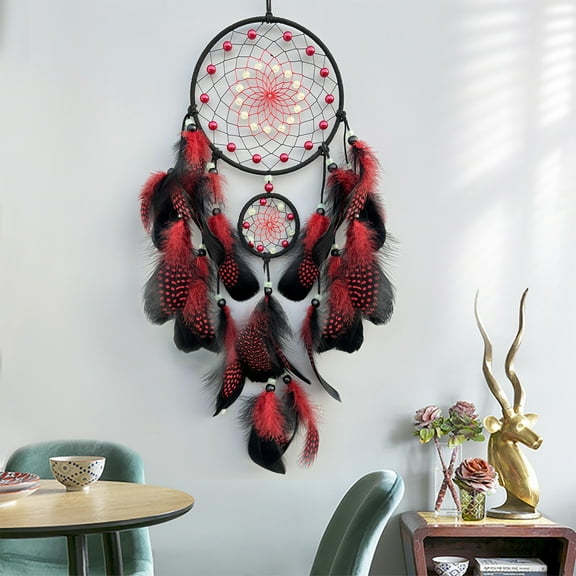 Woven Dreamcatcher Wall Hanging, Handmade Macrame Home Decor with Feathers, Bohemian Style Room Decor for Bedroom, Living Room and Office(Red)