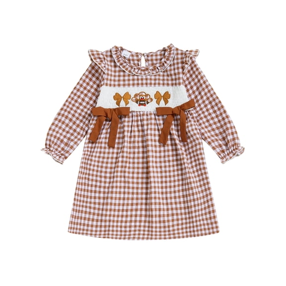 BemeyourBBs Toddler Baby Thanksgiving Outfit Kids Girls Smocked Dress Long Sleeve Crew Neck Plaid Embroidery Turkey Fall Dress Thanksgiving Clothes