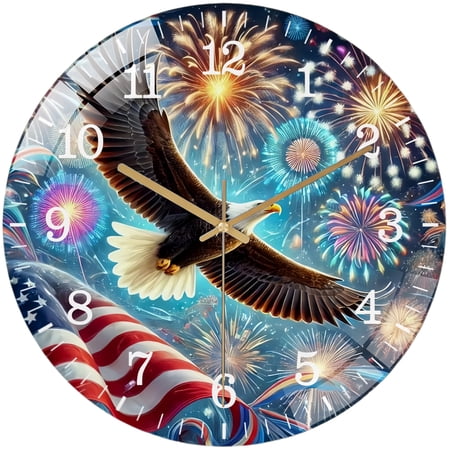 Decorative Clocks: Patriotic Eagle Fireworks Glass Wall Clock, Patriotic Decor Wall Clock, for Homes, Bars, Offices, Man Caves, Garages, And Living Rooms. Hallo Ween Gift .Also Makes A Great Gift.