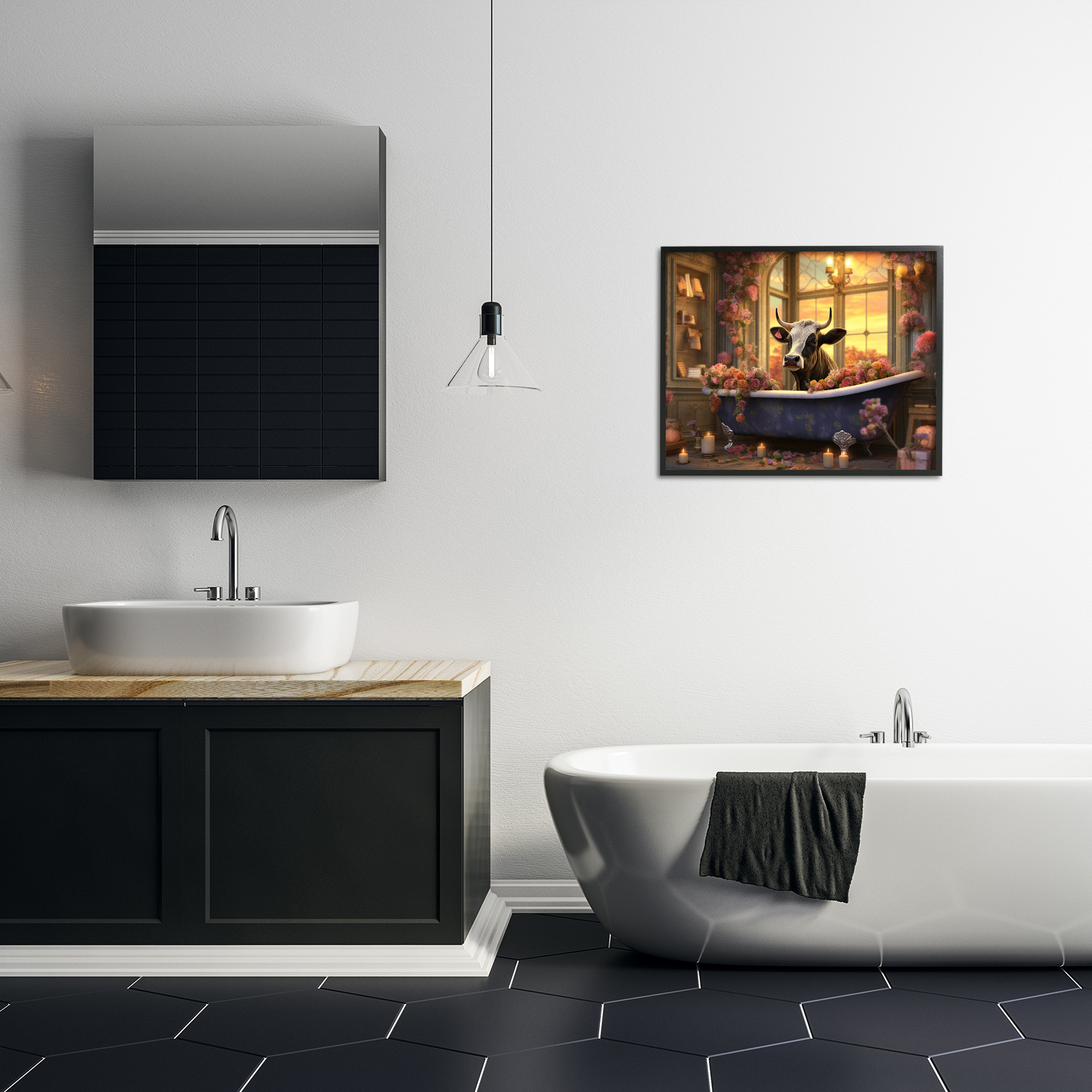 Stupell Industries Bathing Cow at Sunset Animals & Insects Painting Black Framed Art Print Wall Art, 30 x 24