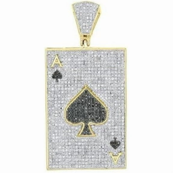 925 Sterling Silver 14K Yellow Gold Over White & Black Diamond Handmade 2" Inches Ace of Spades Poker Pave Charm Pendant for Men & Women