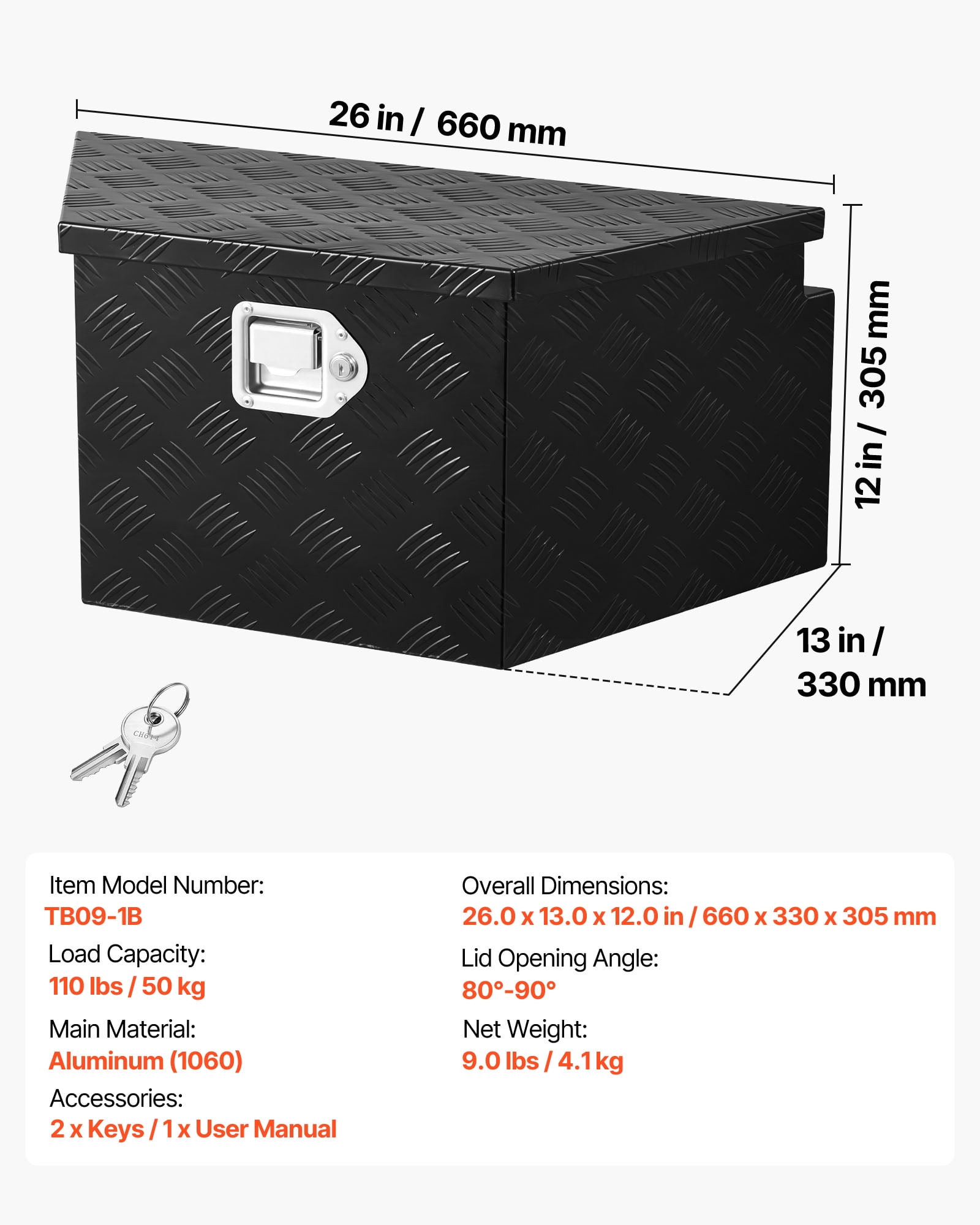 VEVOR Trailer Tongue Box, 26" x 13" x 12" Aluminum Trailer Tongue Tool Box, Heavy Duty Storage Organizer with Lock and Keys, Utility Tool Chest for Pickup Truck Bed, RV, SUV, Off-Road Vehicle, Black