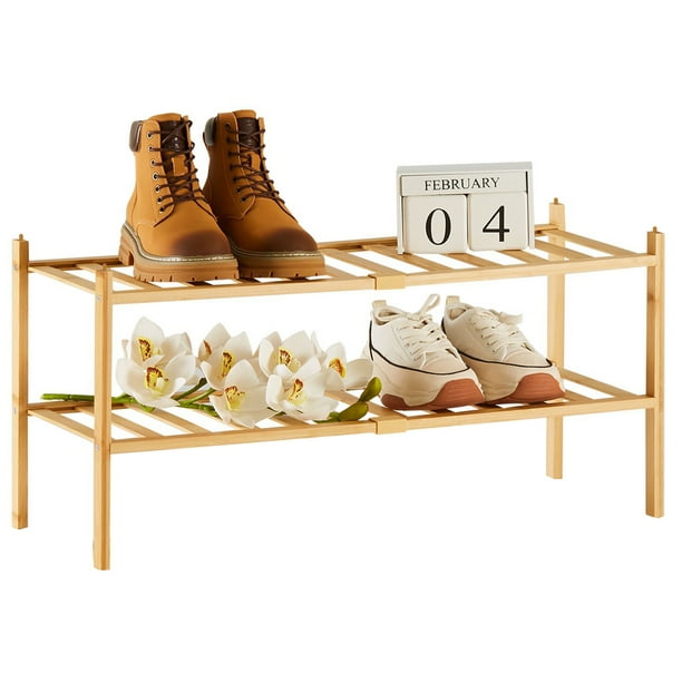 2-Tier Bamboo Shoe Rack With Free Shoe Horn - Stackable Organizer For Entryway, Closet, Or Bathroom (Black)