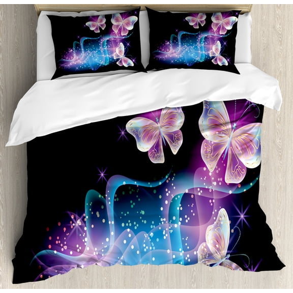 Butterfly Duvet Cover Set King Size, Magical Butterflies Flying and Leaving behind Colorful Smoky Shapes Illustration, 3 Piece Bedding Set with 2 Pillow Shams, Multicolor, by Ambesonne