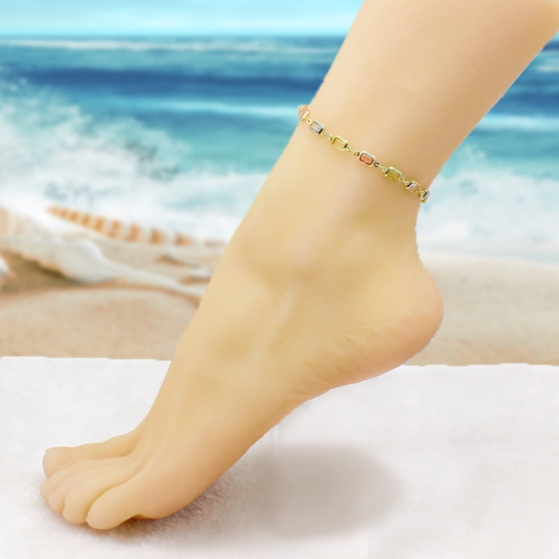 18K Gold Filled  Polish Finsh  Gold and Multi Color Light Color Crystal Baguette Anklet