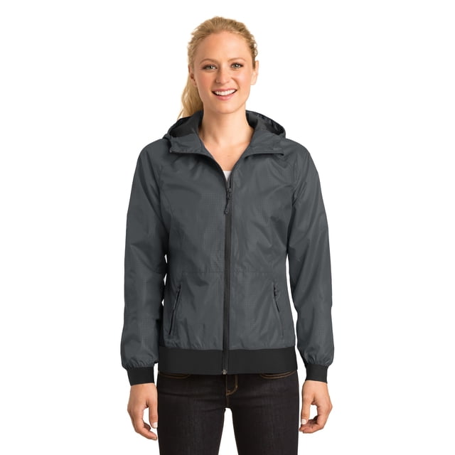 Sport-Tek - Chaqueta cortavientos con capucha para mujer, LST53, gris grafito/negro, 4XL deporte-tek LST53