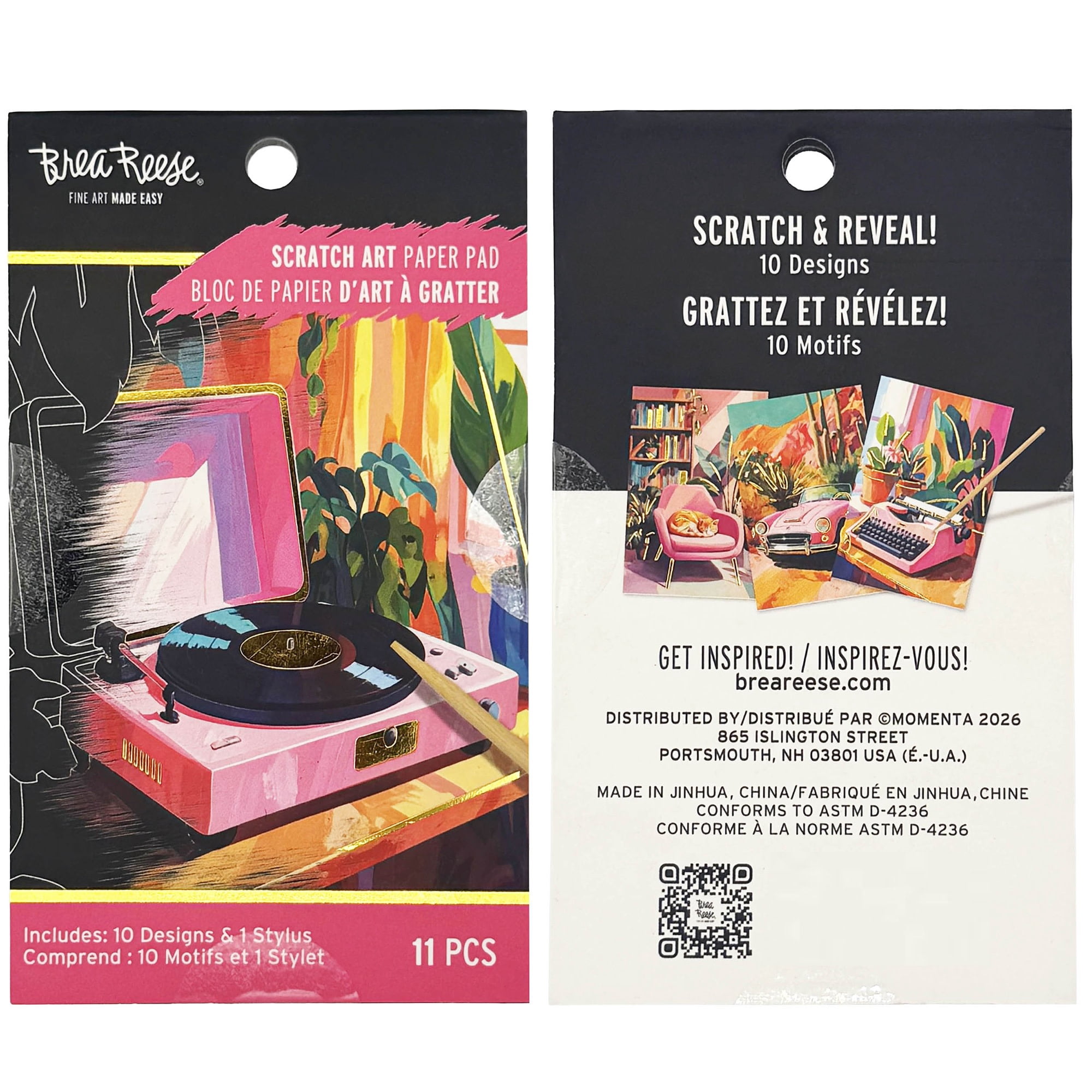 Brea Reese: Scratch Art Paper Pad 2 Pack - Beach Bum & Record Player - 20 Design Assortment, Metallic Accents, Wooden Stylus, 6x8" Pages, Adult Craft