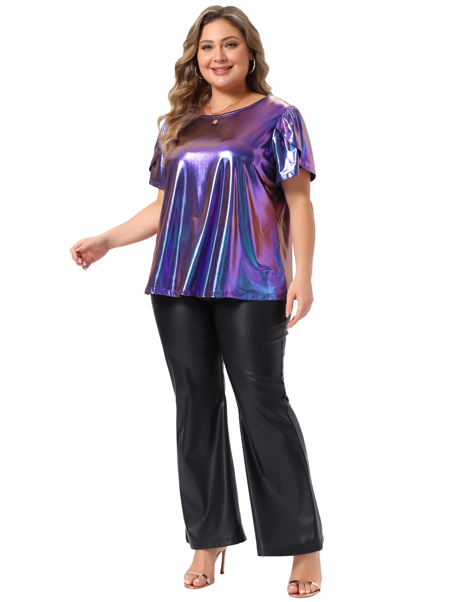 DARING DIVA Women's Plus Metallic Crew Neck Short Sleeve Tops 4X Purple