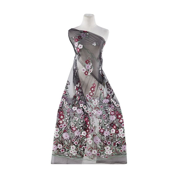 Zelouf Ulm Let It Grow Floral Emb On Mesh  , Sewing, DIY, Crafts Fabric by the Yard, Merlot Combo, 3 Yard