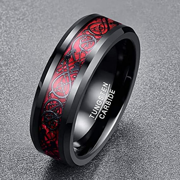 Men's 8mm Black Red Wedding Band Celtic Dragon Tungsten Rings