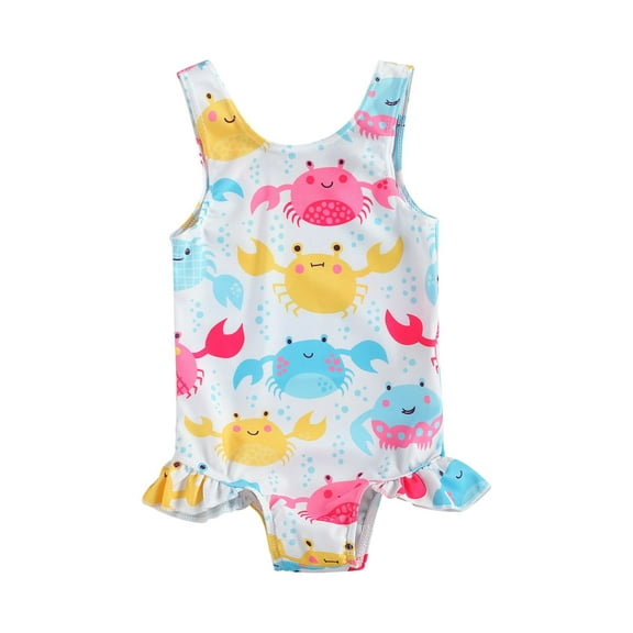 Douhoow 0-3Y Kids Baby Girl One-piece Swimsuit Crab Printing Sleeveless Swimwear Summer Beachwear