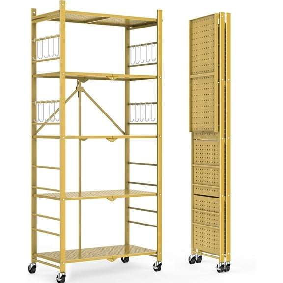 5-Tier Storage Folding Shelf with 20 Hooks, 4 Wheels, and Adjustable Feet, Stainless Steel