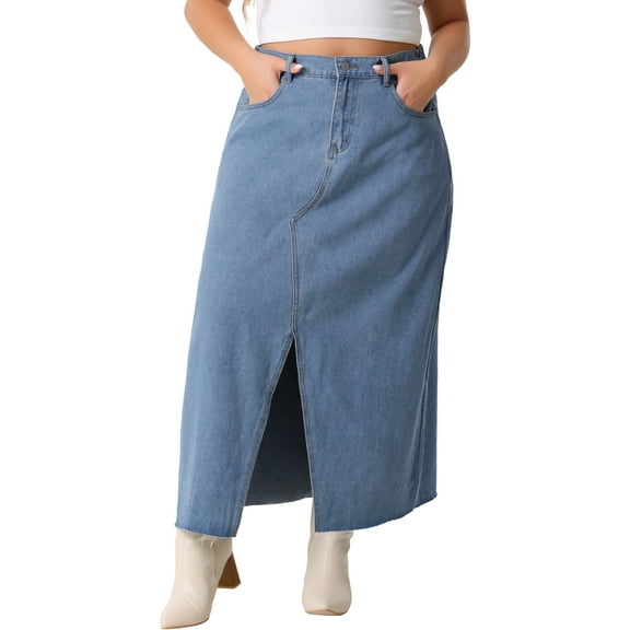 DARING DIVA Women's Plus Denim Maxi Skirt with Frayed Raw Hem 1X Blue