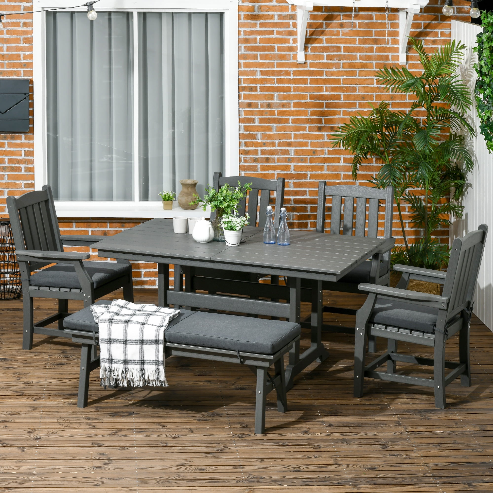Outsunny Outdoor Dining Set, Patio Table and Chairs Set of 6, Conversation Furniture with Armrests, Loveseat Bench, Umbrella Hole, Cushions