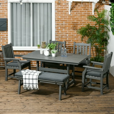 Outsunny Outdoor Dining Set, Patio Table and Chairs Set of 6, Conversation Furniture with Armrests, Loveseat Bench, Umbrella Hole, Cushions