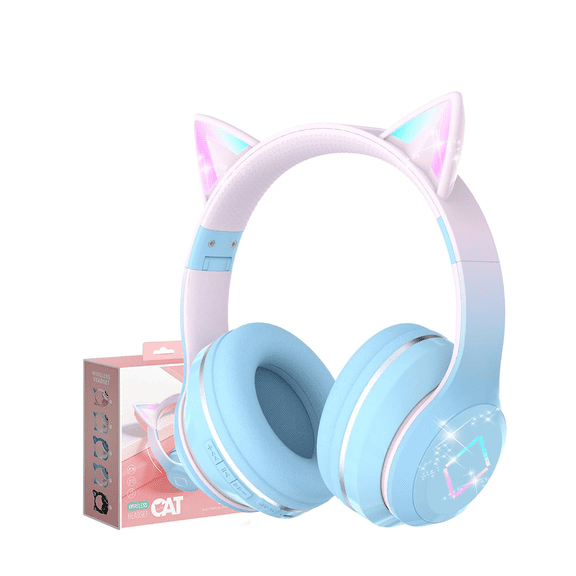 New Gaming Cat Ear Headphones LED Lights Headset Cute Wireless Bluetooth 5.0 School Teen on Ear for Computer | Laptop | Plane Travel
