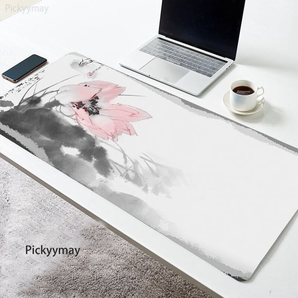 Alfombrilla de ratón grande para oficina, Alfombra de escritorio con pintura de tinta, flor de loto, accesorios de juego, alfombras de goma suave LIUWENJING unisex