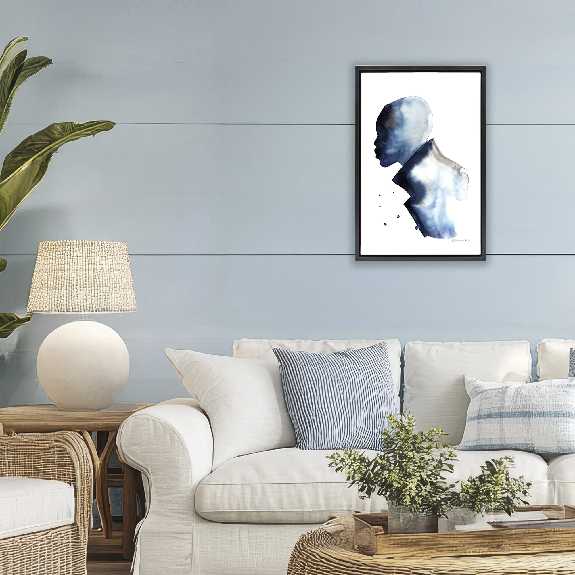 Stupell Industries Feeling Blue Portrait Silhouette Black Framed Floater Canvas Wall Art, design by Simone Elum
