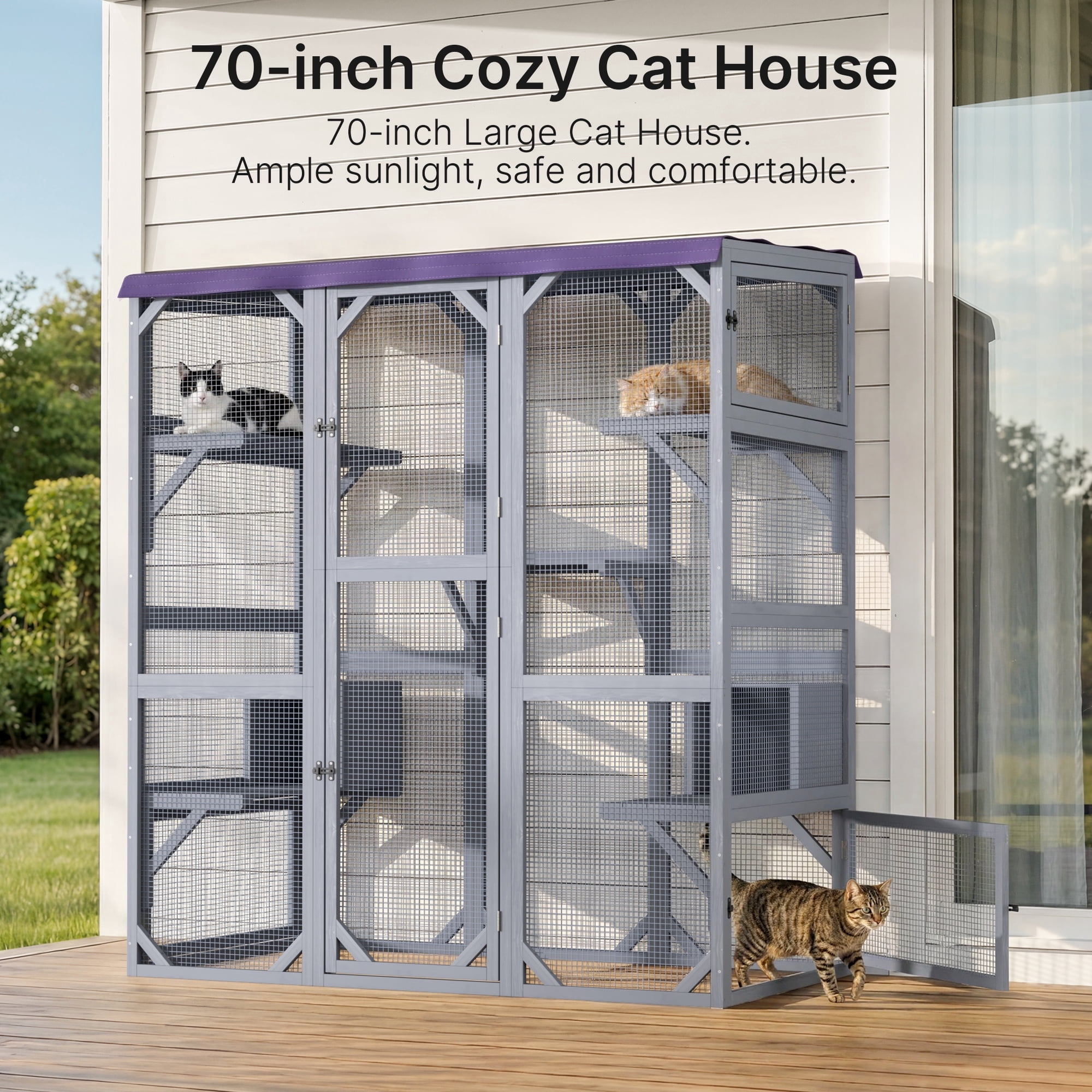 Outdoor Cat Enclosure, Lofka 70 Inch Large Walk-in Outdoor Catio, Weatherproof Cat Enclosure for Multiple Cats, Tarp Roof Kitty Playpen Cage for Patio & Garden, Grey