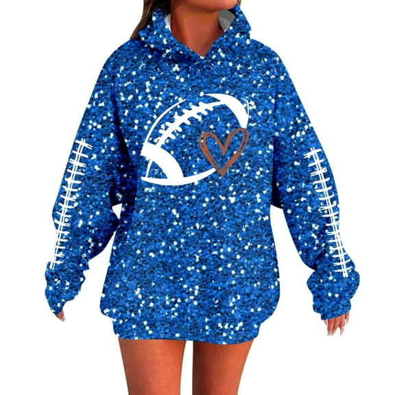 Fshinging Football Hoodie Sweatshirt For Women Long Sleeve Sequin Letter Print Oversize Pullover Tops Sunday Game Day Clothes