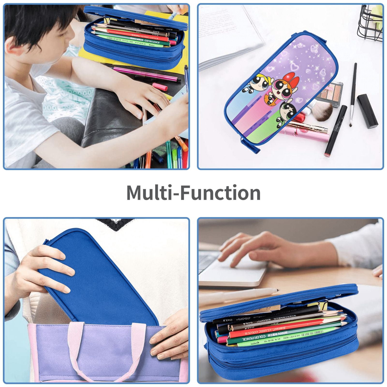 The Powerpuff Gi-rls Pencil Case Large Capacity Pencil Pouch Pen Bag Office Stationery Organizer Travel Makeup Bag Blue