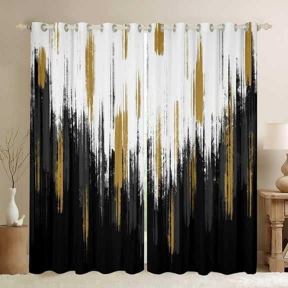 Manfei Abstract Oil Painting Black Out Curtains, Black Gold Ombre Curtains Pack of 2 (42x63 Each), Watercolor Brush Strokes Bedroom Curtains, Luxury Bedroom Decor