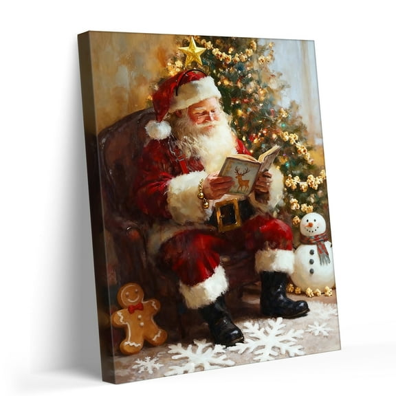 P&L Art Santa Reading Christmas Story Canvas Wall Art, Festive Decor with Tree, Snowman & Gingerbread Man, Framed Canvas Print