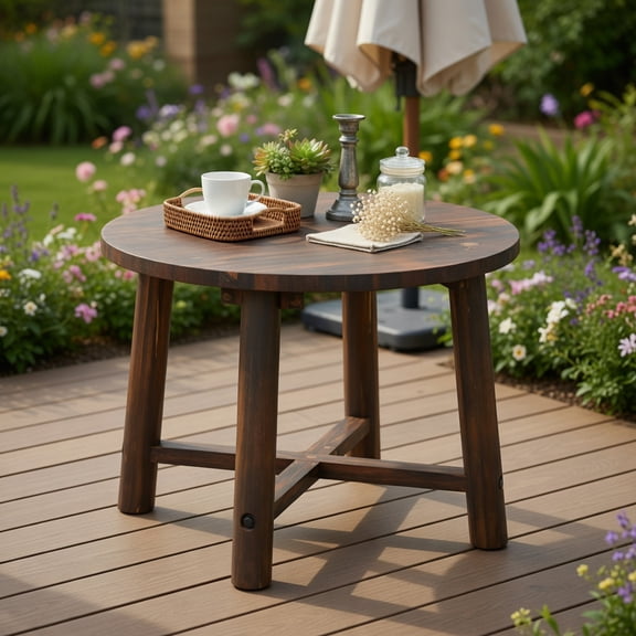 Spaco Patio End Table with Solid Wood Structure, Round Coffee Table for Patio, Garden, Backyard, Brown