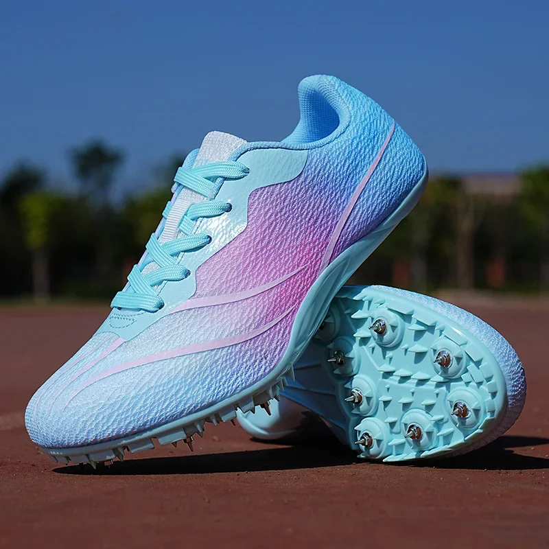 2024 New Fashion Track and Field Shoes Lightweight Spiked Sneakers Non Slip Running Training Shoes Comfortable Outdoor Sneakers blue pink 5