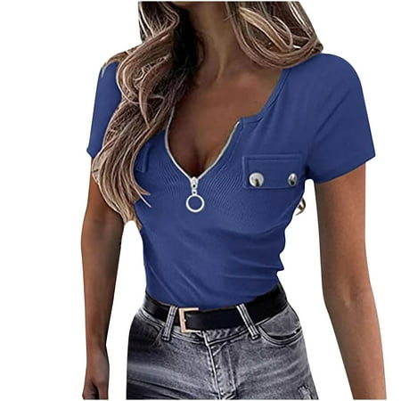 

Slim Fitted Tops for Women Summer Short Sleeve V-Neck Zipper Sexy Corset Tops Ribbed Soft Casual Club T Shirts Blouses