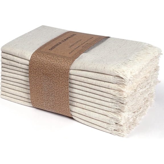 Bedding Craft Linen Dinner Napkins 18x18 Set of 12 Natural with Fringe, Reusable Fabric Napkins for Table & Event