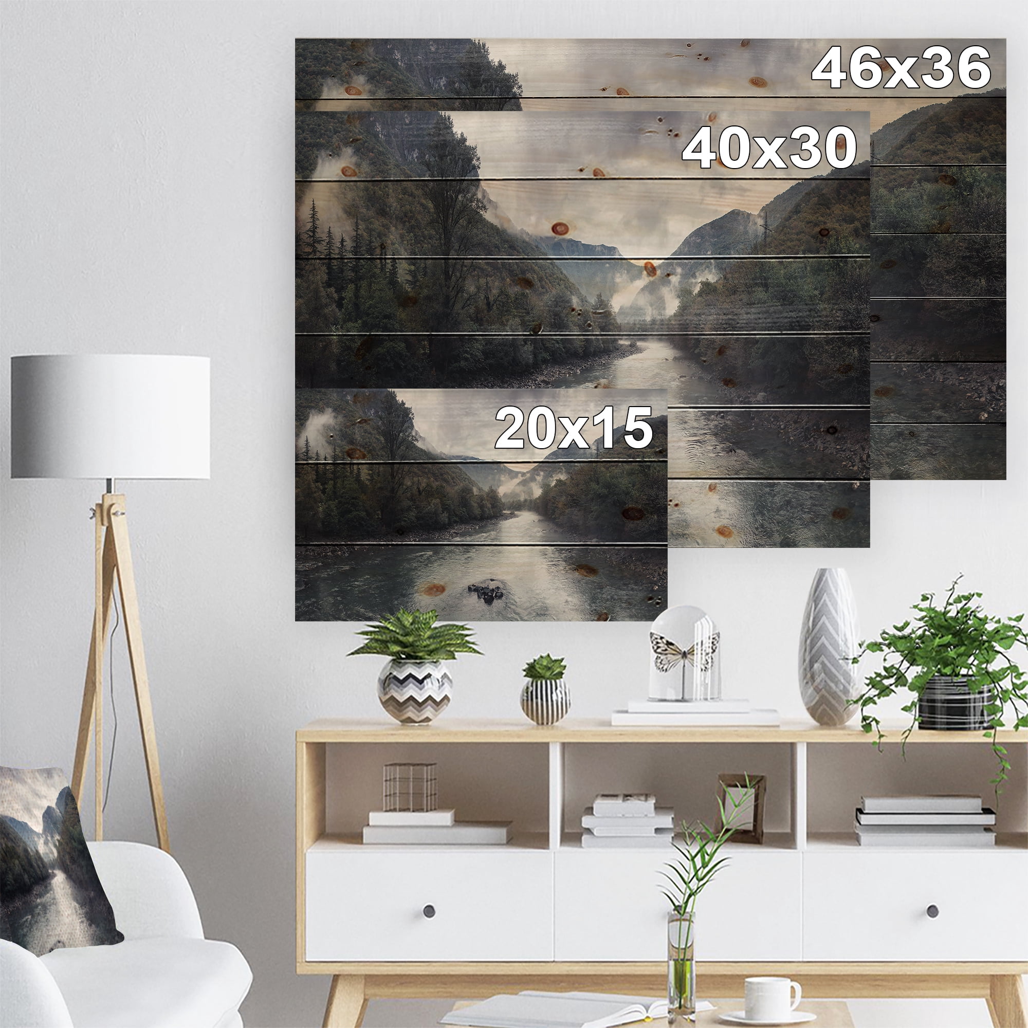 Designart 'Mountain River with Fog and Rain' Modern Seascape Print on Natural Pine Wood